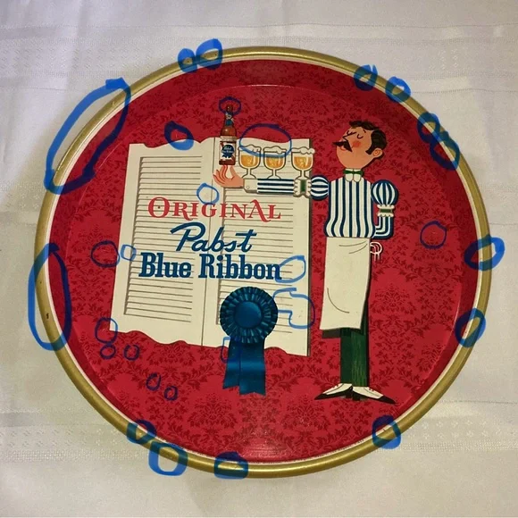 VINTAGE ORIGINAL PABST BLUE RIBBON BEER METAL BEER SERVING TRAY 1960's 13" - Picture 5 of 12